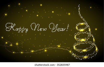 Sparkling Hand Drawn Christmas Tree on Snowy Gold Background with Happy New Year Text. Vector Illustration