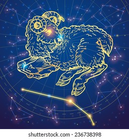 Sparkling hand-drawn aries sheep zodiac sign on a night sky star background