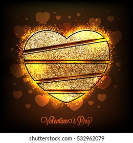 Sparkling Heart design made by Golden Glitter, Glowing greeting card for Happy Valentine's Day celebration.