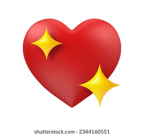 Sparkling heart emoji. 3D red heart and yellow sparkles stars, social media and email good and happy event in your life icon vector cartoon concept, romantic glittering sticker for chats