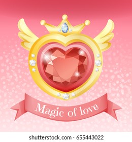 Sparkling heart gem on gold border with add diamond on shining pink background, abstract design, design for kid and girl to play like a princess or magic girl