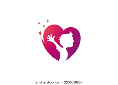 Sparkling Heart Logo With Happy Boy Silhouette Inside, Medical And Healthcare Icons