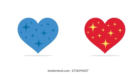Sparkling Heart Logo Vetor Set, Coração Azul e Vermelho com Magic Ícone Estrelas, Amor Minimalista e Símbolo de Caridade para Romântica e Saúde Branding