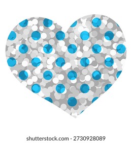 Sparkling heart made of silver, white and blue confetti dots on clean background. Romantic valentine theme glitter sequin element for greeting cards, invitations, posters, banners. Love symbol icon