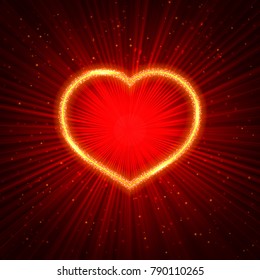 Sparkling heart on red abstract glowing background. Valentine's Day greeting card backdrop. Easy to edit design template for your artworks. Vector illustration.