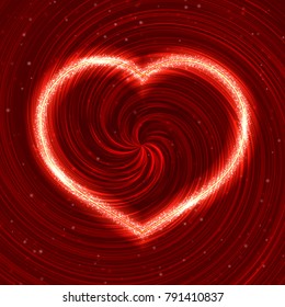 Sparkling heart on red abstract glowing background. Valentine's Day greeting card backdrop. Easy to edit design template for your artworks. Vector illustration.