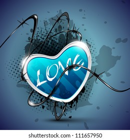 Sparkling heart shape in blue color with electric wire on grey dotted background, can be use as flyer, banner, gift or greeting card. EPS 10. Vector illustration.