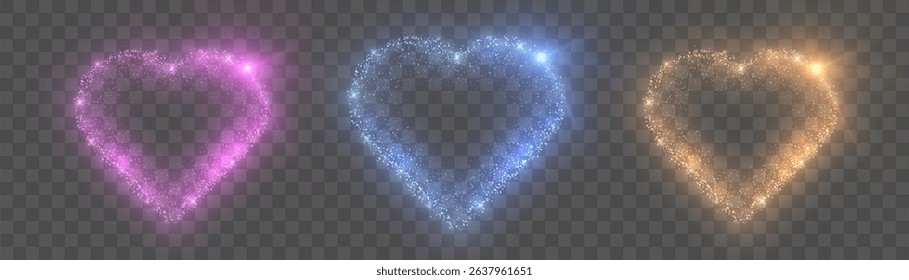 Sparkling hearts made of small glowing particles on a transparent background. Create a feeling of romance and magic, suitable for wedding invitations, holiday designs and Valentine's Day.