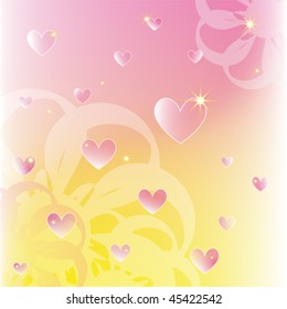 Sparkling hearts on soft color flowers background