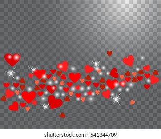 Sparkling hearts on a transparent background. Abstract love background for your Valentines Day design. Vector illustration