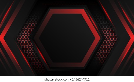 Sparkling hexagon shiny blue light background. Luxury bright red lines with metal effect style. Black lines with golden borders on dark background. Vector Illustration