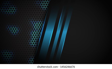 Sparkling hexagon shiny blue light background. Luxury bright blue lines with metal effect style. Black lines with golden borders on dark background.