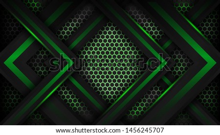 Sparkling hexagon shiny blue light background. Luxury bright green lines with metal effect style. Black lines with golden borders on dark background.