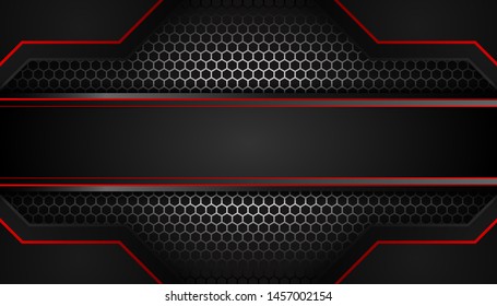 Sparkling hexagon shiny red light background. Luxury bright red lines with metal effect style. Black lines with red borders on dark background. Vector Illustration.