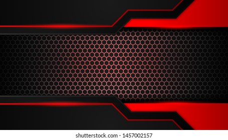Sparkling hexagon shiny red light background. Luxury bright red lines with metal effect style. Black lines with red borders on dark background. Vector Illustration.
