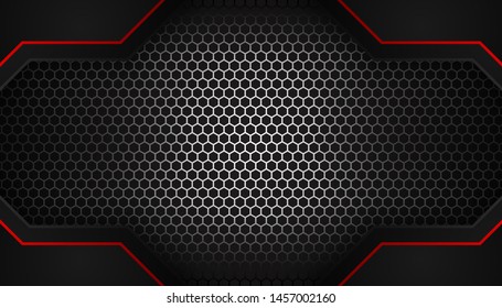 Sparkling hexagon shiny red light background. Luxury bright red lines with metal effect style. Black lines with red borders on dark background. Vector Illustration.