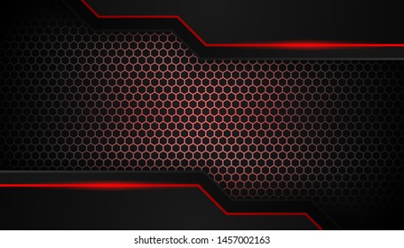 Sparkling hexagon shiny red light background. Luxury bright red lines with metal effect style. Black lines with red borders on dark background. Vector Illustration.