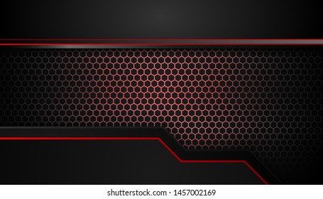 Sparkling hexagon shiny red light background. Luxury bright red lines with metal effect style. Black lines with red borders on dark background. Vector Illustration.