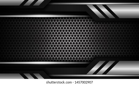 Sparkling hexagon shiny silver light background. Luxury bright silver lines with metal effect style. Black lines with silver borders on dark background. Vector Illustration.
