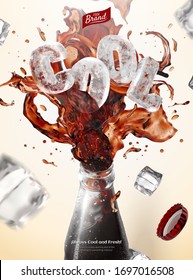 Sparkling Iced Cola Bursting Out Of Glass Bottle Rim With Frozen Ice Block Of The Word Cool, Ad Template, 3d Illustration