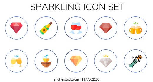 sparkling icon set. 10 flat sparkling icons.  Collection Of - diamond, cheers, champagne, fountain, toast, sparkling wine