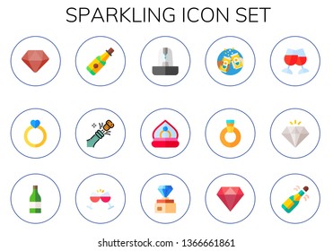 sparkling icon set. 15 flat sparkling icons.  Simple modern icons about  - diamond, engagement ring, champagne, sparkling wine, fountain, toast, diamond ring