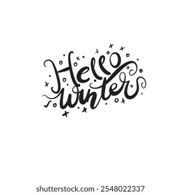 A sparkling “Hello Winter” illustration, featuring elegant lettering adorned with glitter accents and frosty details, evoking a cozy and festive winter atmosphere.