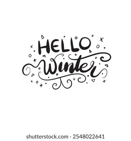 A sparkling “Hello Winter” illustration, featuring elegant lettering adorned with glitter accents and frosty details, evoking a cozy and festive winter atmosphere.