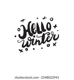 A sparkling “Hello Winter” illustration, featuring elegant lettering adorned with glitter accents and frosty details, evoking a cozy and festive winter atmosphere.