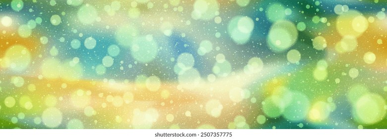 Sparkling lemon, green and blue gradient mesh seamless pattern with effect bokeh and noise texture. Abstract unfocused bg. Festive wallpaper. Colorful summer vector illustration