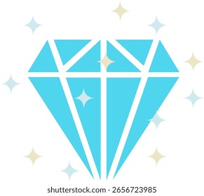 funkelndes, hellblaues Diamantensymbol mit Facetten, umgeben von kleineren, verstreuten Sternen in hellblau und beige, die Luxus, Wert oder Brillanz symbolisieren