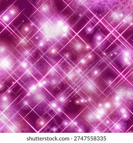 ​Purple sparkling light bokeh background with glowing stars and cross lens flare effect.