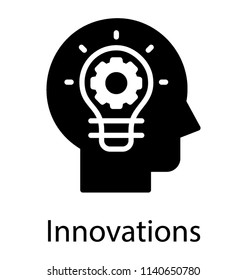 sparkling light bulb with cog inside human head, creative idea icon graphic 