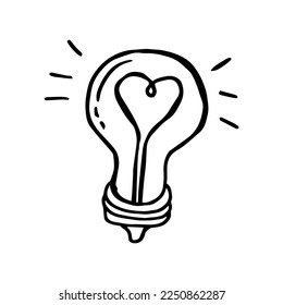 Sparkling light bulb icon on a white background. heart shaped incandescent spiral. Isolated object. Icon, Symbol. Baby doodle style. Hand made black sketch