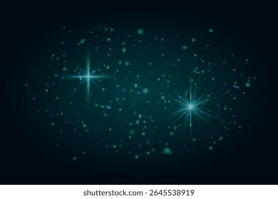 Sparkling light burst with twinkling stars and particles. Festive magical glow on dark transparent background.