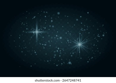 Sparkling light burst with twinkling stars and particles. Festive magical glow on dark transparent background.