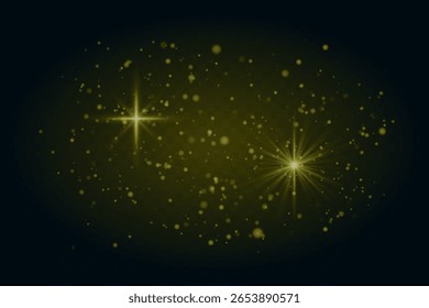 A luz cintilante estoura com estrelas e partículas cintilantes. Brilho mágico festivo no fundo transparente escuro.