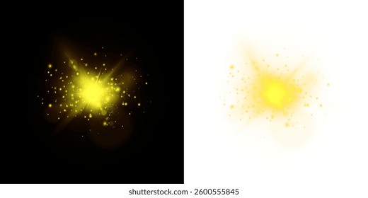 sparkling light effect featuring bright spotlights, glowing beams, and futuristic flares. Perfect for stadium scenes, disco visuals, festive backgrounds, and neon stage lighting. Vector illustration