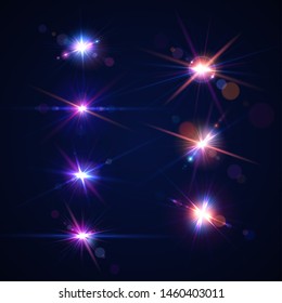 Sparkling light effects of flash. Glowing lens flares and colorful twinkle. Set of beautiful glare effects with bokeh, glitter particles and rays. Shining abstract background. Vector illustration