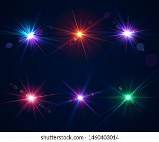 Sparkling light effects of flash. Glowing lens flares and colorful twinkle. Set of beautiful glare effects with bokeh, glitter particles and rays. Shining abstract background. Vector illustration