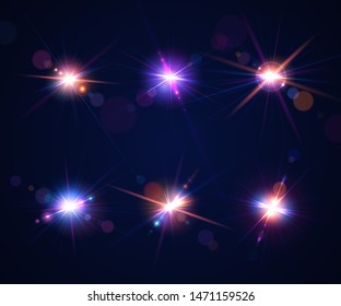 Sparkling light effects of flash. Glowing lens flares and colorful twinkle. Set of beautiful glare effects with bokeh, glitter particles and rays. Shining abstract background. Vector illustration
