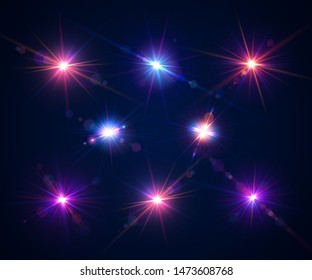 Sparkling light effects of flash. Glowing lens flares and colorful twinkle. Set of beautiful glare effects with bokeh, glitter particles and rays. Shining abstract background. Vector illustration