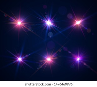 Sparkling light effects of flash. Glowing lens flares and colorful twinkle. Set of beautiful glare effects with bokeh, glitter particles and rays. Shining abstract background. Vector illustration