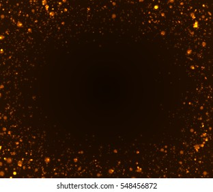 Sparkling light effects on dark background. Shiny and glitter gold particles. Vector illustration