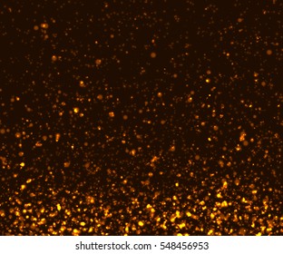 Sparkling light effects on dark background. Shiny and glitter gold particles. Vector illustration