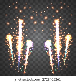 Efeitos de luz cintilante, assemelhando-se a fogos de artifício festivos ou glitter mágico, com correntes verticais brilhantes e partículas douradas espalhadas em um fundo transparente.