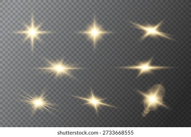 Sparkling light effects with sparks and lens flares. Lighting effects, glowing stars, sun rays. Vector illustration