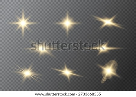 Sparkling light effects with sparks and lens flares. Lighting effects, glowing stars, sun rays. Vector illustration