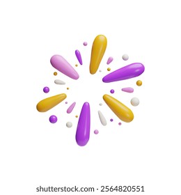 Sparkling light, firework explosion pattern 3D plastic style. Cartoon sparkler bang purple and yellow colors, bursting salute with ball sparks. Vector render festive design element