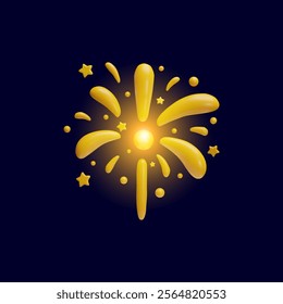 Sparkling light, shiny sparkler, firework explosion 3D plastic style vector icon. Cartoon golden glowing bang, bursting salute with stars and sparks. Render festive pyrotechnics on dark background